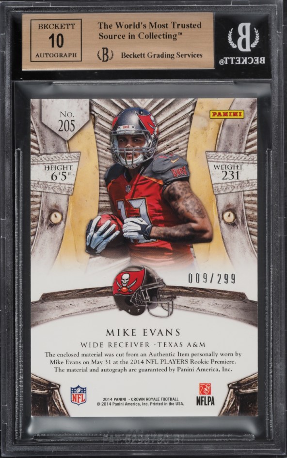 2014 Crown Royale Mike Evans ROOKIE PATCH AUTO /299 #205 BGS 9.5 GEM MINT