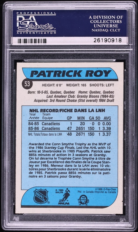 1986 O-Pee-Chee Hockey Patrick Roy #53 PSA 9 MINT
