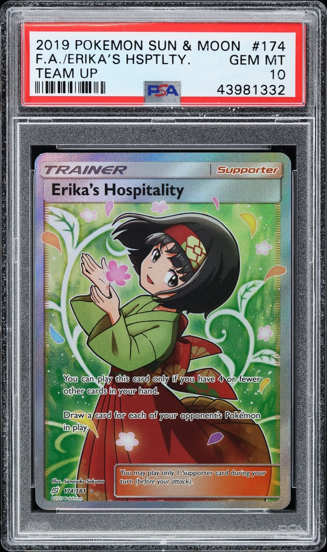 2019 Pokemon Sun & Moon Team Up Full Art Erika's Hospitality #174 PSA 10 GEM MINT