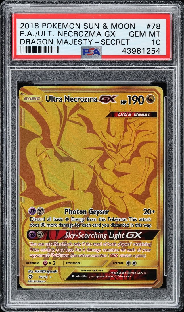 2018 Pokemon Sun & Moon Dragon Majesty Gold Rare Ultra Necrozma GX #78 PSA 10 GEM MINT