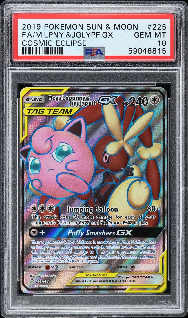 2019 Pokemon Sun & Moon Cosmic Eclipse Full Art Mega Lopunny & Jigglypfuff GX #225 PSA 10 GEM