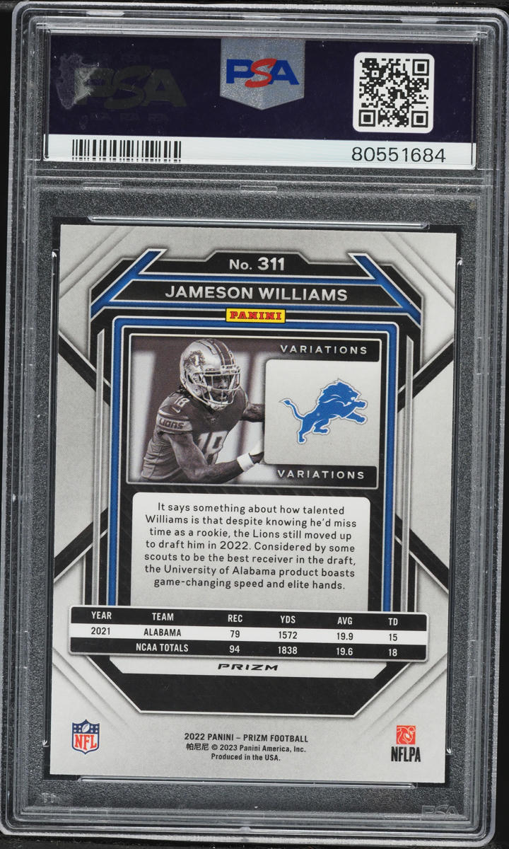 2022 Panini Prizm Variation No Huddle Jameson Williams ROOKIE #311 PSA 10 GEM MINT