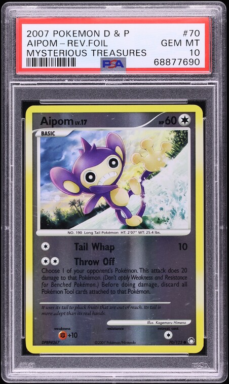2007 Pokemon Diamond & Pearl Mysterious Treasures Reverse Holo Aipom #70 PSA 10 GEM MINT