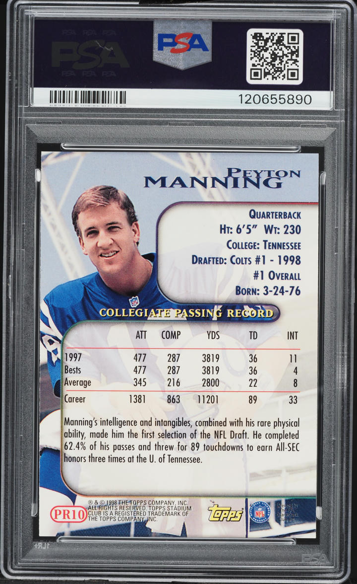 1998 Stadium Club Prime Peyton Manning ROOKIE #PR10 PSA 9 MINT
