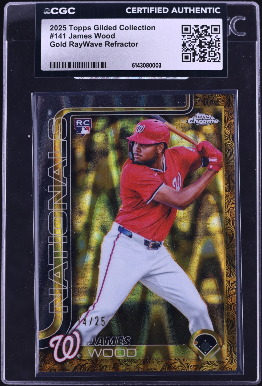 2025 Topps Chrome Gilded Collection Gold Raywave Refractor James Wood ROOKIE /25 #141 CGC AUTH