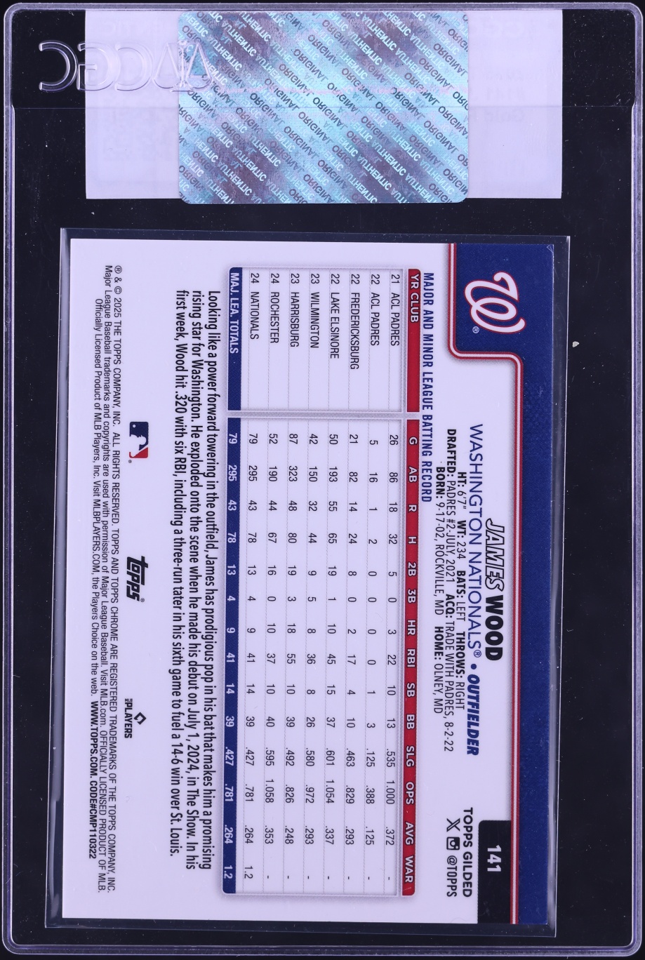 2025 Topps Chrome Gilded Collection Gold Raywave Refractor James Wood ROOKIE /25 #141 CGC AUTH