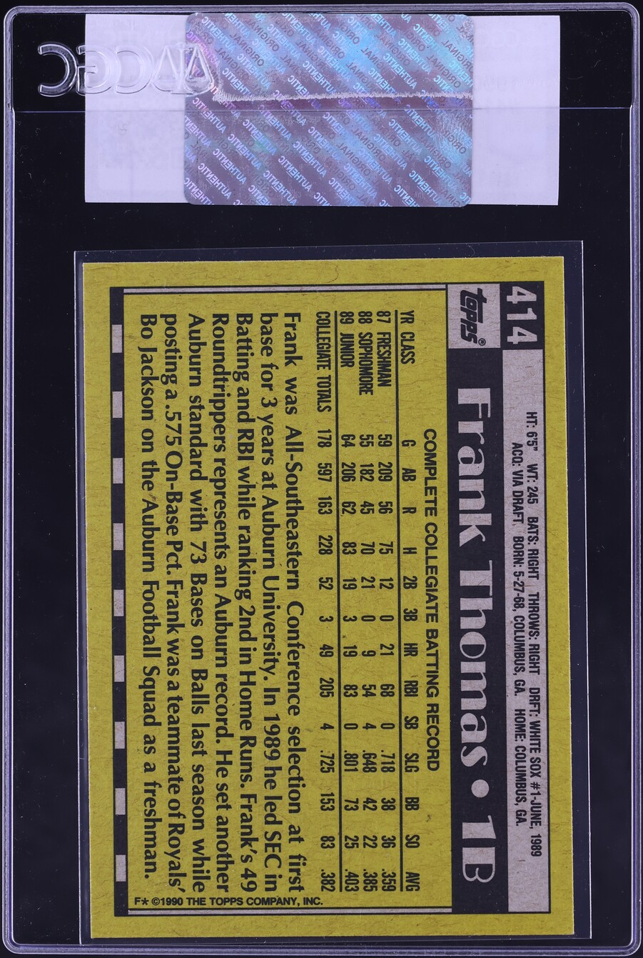 1990 Topps Frank Thomas ROOKIE #414 CGC AUTH