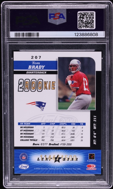 2000 Leaf Certified 4 Star Tom Brady ROOKIE /1500 #207 PSA 8 NM-MT