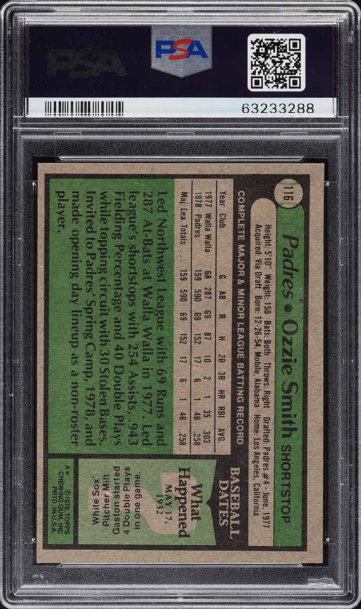 1979 Topps Ozzie Smith ROOKIE AUTO DNA 10 #116 PSA 7 NRMT
