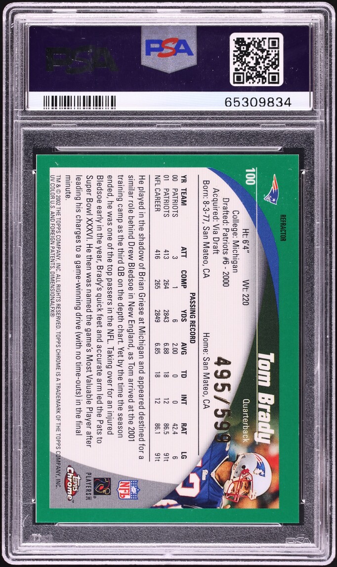2002 Topps Chrome Black Refractor Tom Brady /599 #100 PSA 8.5 NM-MT+ - Photo 2