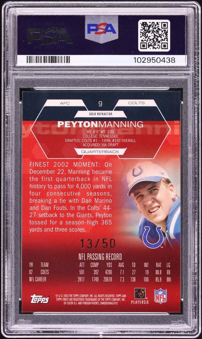 2003 Finest Gold Refractor Peyton Manning /50 #9 PSA 9 MINT - Photo 2
