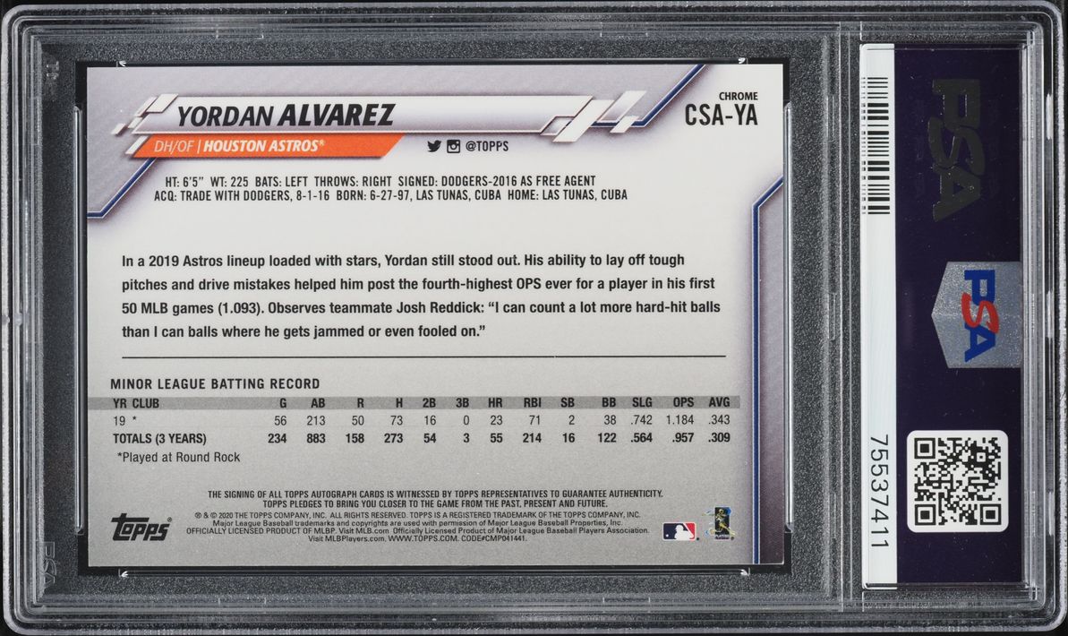 2020 Topps Chrome Sapphire Edition Sapphire Yordan Alvarez ROOKIE AUTO DNA 10 #CSAYA PSA 9 MINT