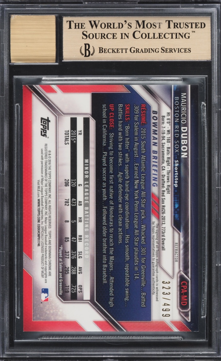 2016 Bowman Chrome Refractor Mauricio Dubon PROSPECT AUTO /499 #CPA-MD BGS 9.5 GEM MINT