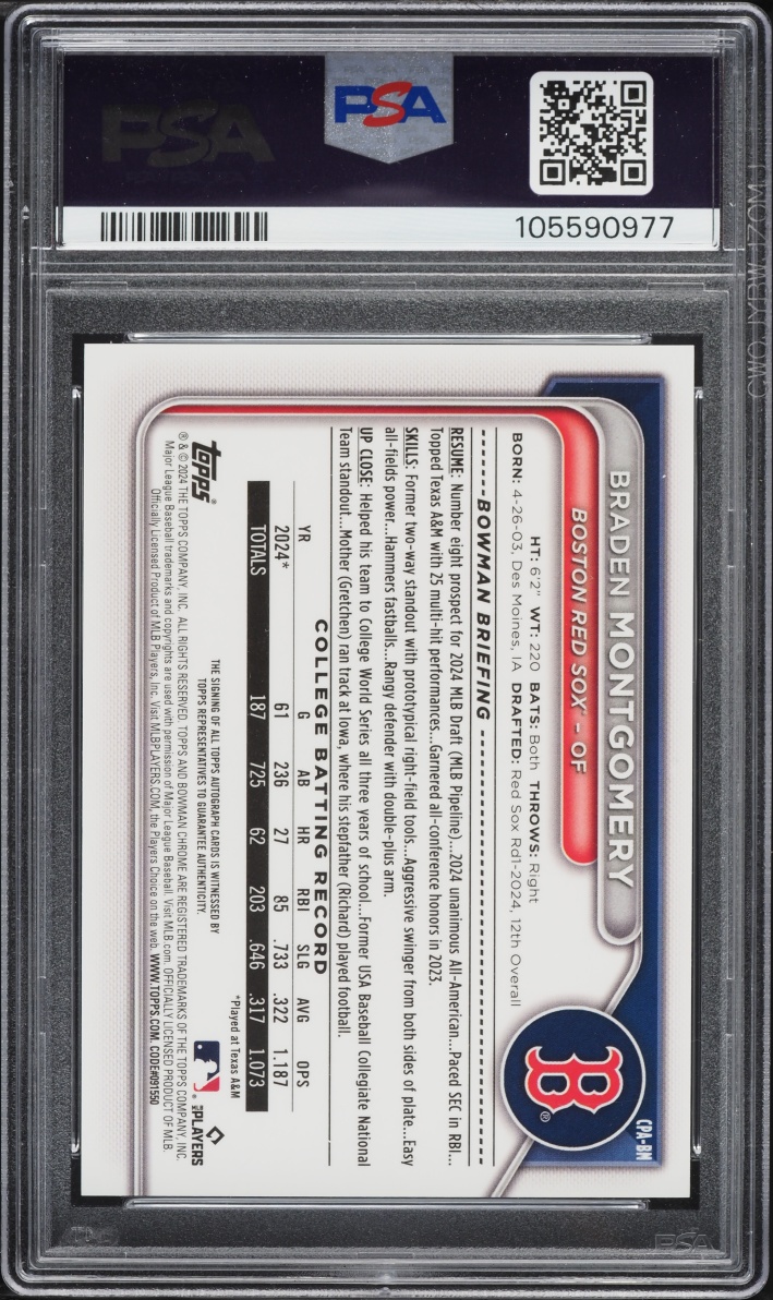 2024 Bowman Chrome Draft Braden Montgomery PROSPECT AUTO #CPA-BM PSA 9 MINT