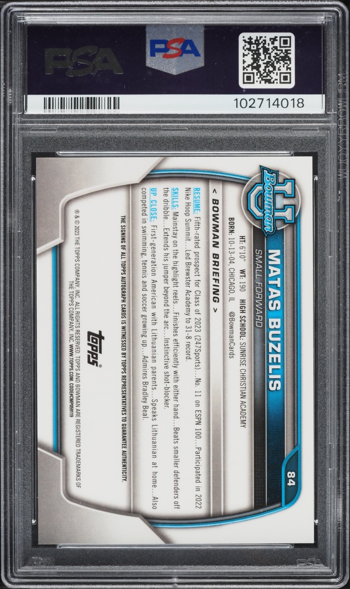 2022 Bowman University Prospect Matas Buzelis AUTO #84 PSA 10 GEM MINT