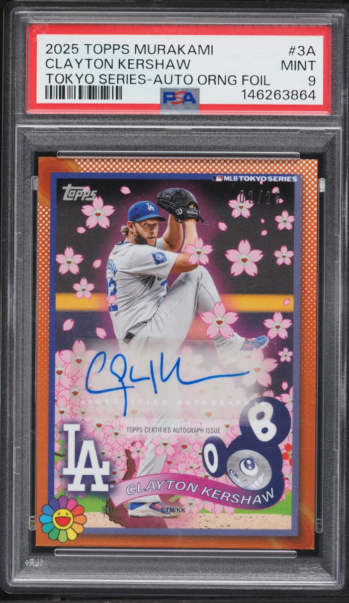 2025 Topps Takashi Murakami MLB Tokyo Series Orange Foil Clayton Kershaw AUTO /25 #3A PSA 9