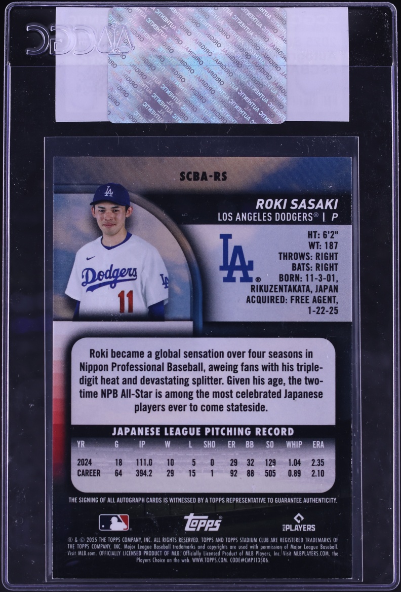 2025 Stadium Club Roki Sasaki ROOKIE AUTO #SCBA-RS CGC AUTH - Photo 2