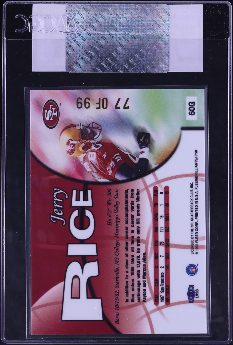 1998 Fleer Brilliants Gold Jerry Rice /99 #60G CGC AUTH - Photo 2