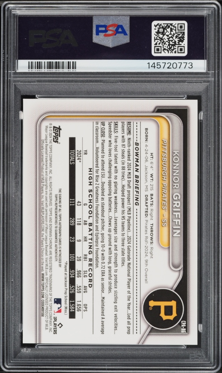 2024 Bowman Chrome Green Refractor Konnor Griffin PROSPECT AUTO /99 #CPA-KG PSA 10 GEM MINT