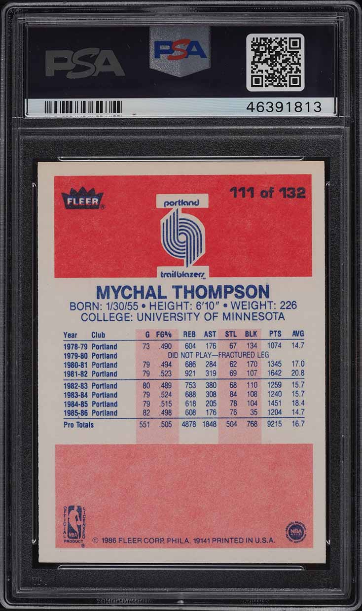 1986 Fleer Basketball Mychal Thompson #111 PSA 9 MINT