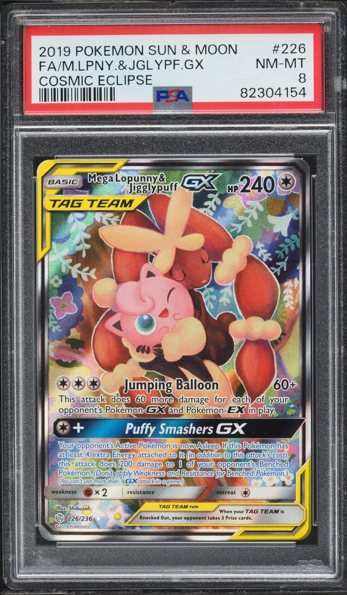 2019 Pokemon Sun & Moon Cosmic Eclipse Full Art Mega Lopunny & Jigglypuff GX #226 PSA 8 NM-MT