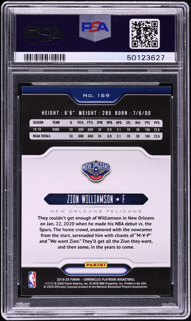 2019 Panini Chronicles Playbook Zion Williamson ROOKIE #169 PSA 9 MINT