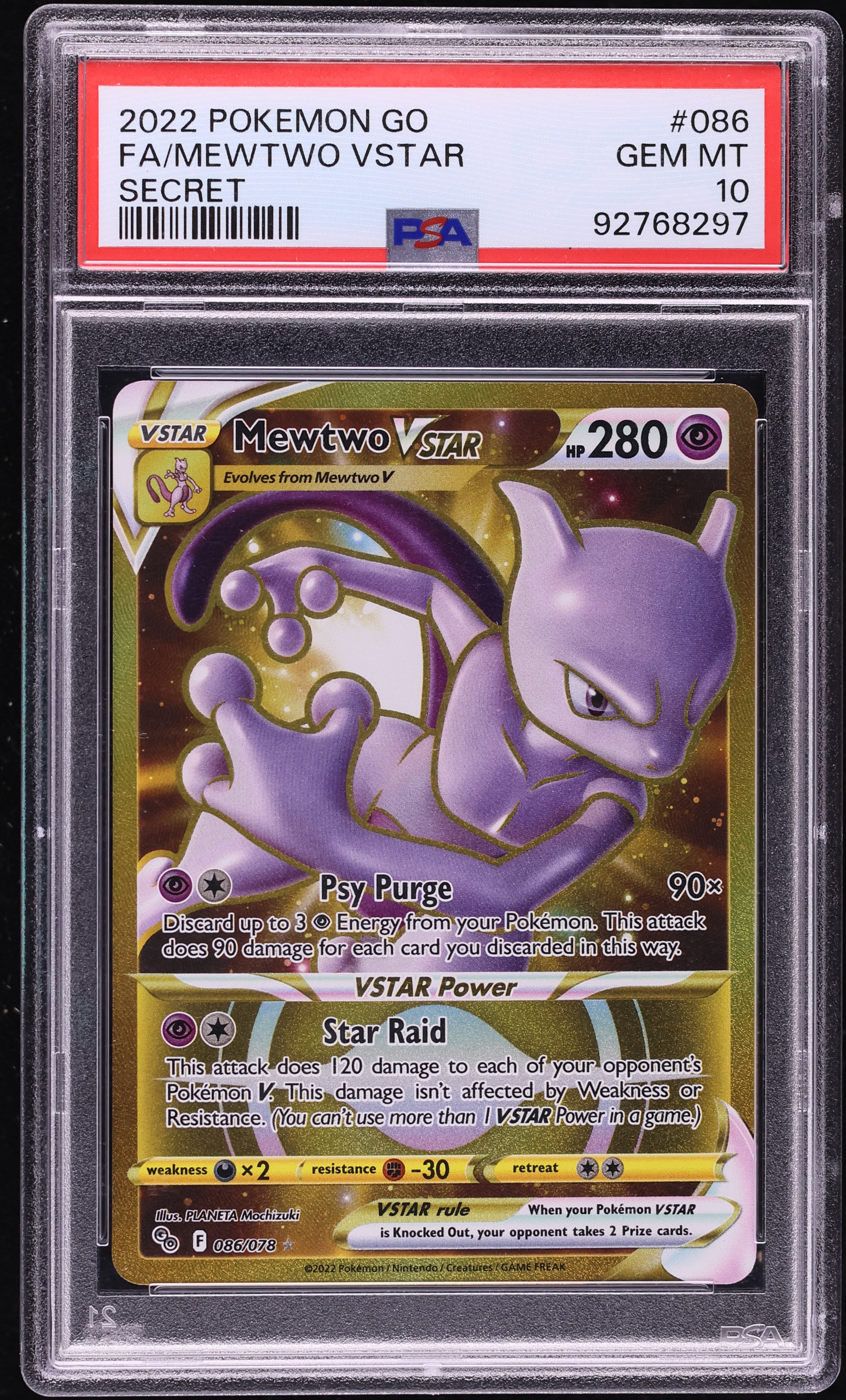 2022 Pokemon Sword & Shield GO Gold Rare Mewtwo VSTAR #86 PSA 10 GEM MINT