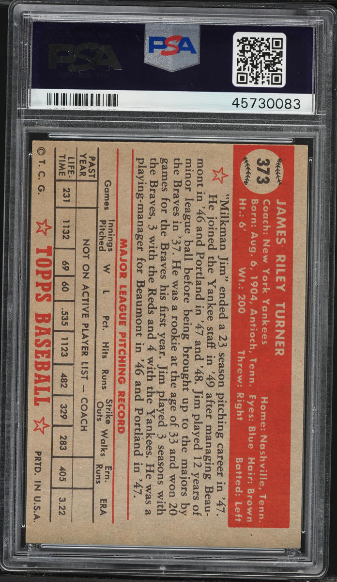 1952 Topps Jim Turner ROOKIE #373 PSA 6 EXMT