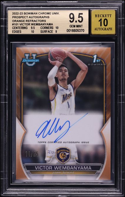 2022 Bowman Chrome University Orange Refractor Victor Wembanyama PROSPECT AUTO /25 #101 BGS 9.5