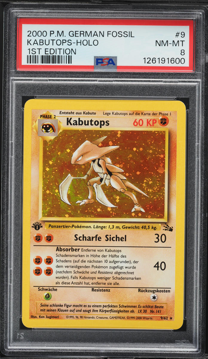 2000 Pokemon German Fossil 1st Edition Holo Kabutops #9 PSA 8 NM-MT