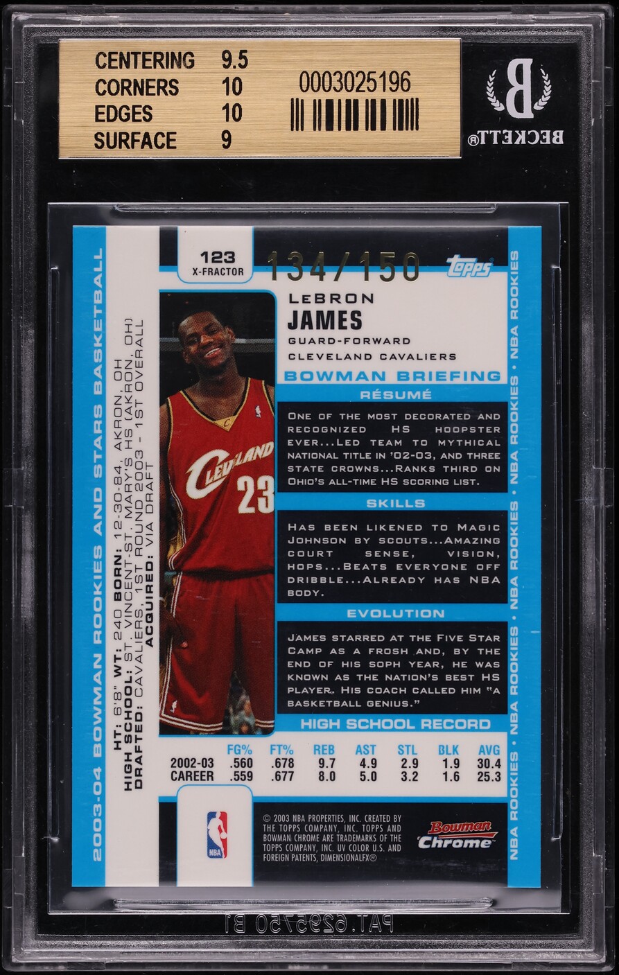 2003 Bowman Chrome Xfractor LeBron James ROOKIE /150 #123 BGS 9.5 GEM MINT