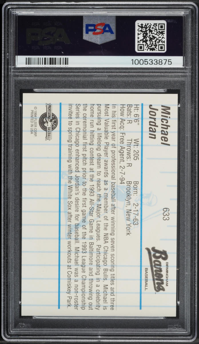 1994 Fleer Procards Birmingham Barons Michael Jordan ROOKIE #633 PSA 9 MINT - Photo 2