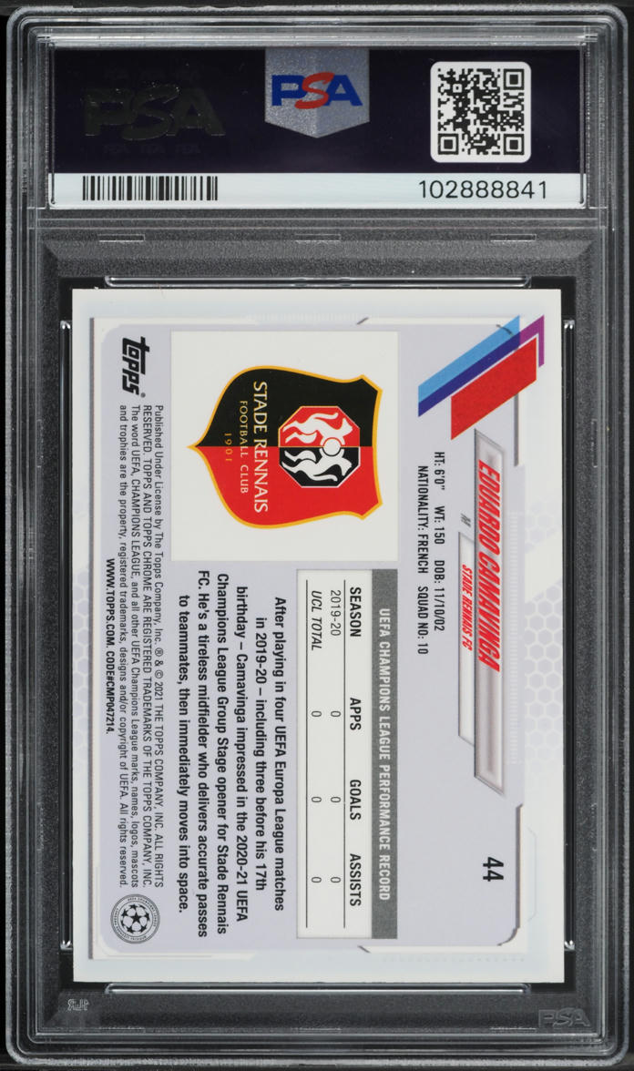 2020 Topps Chrome UEFA Sapphire Eduardo Camavinga ROOKIE #44 PSA 9 MINT