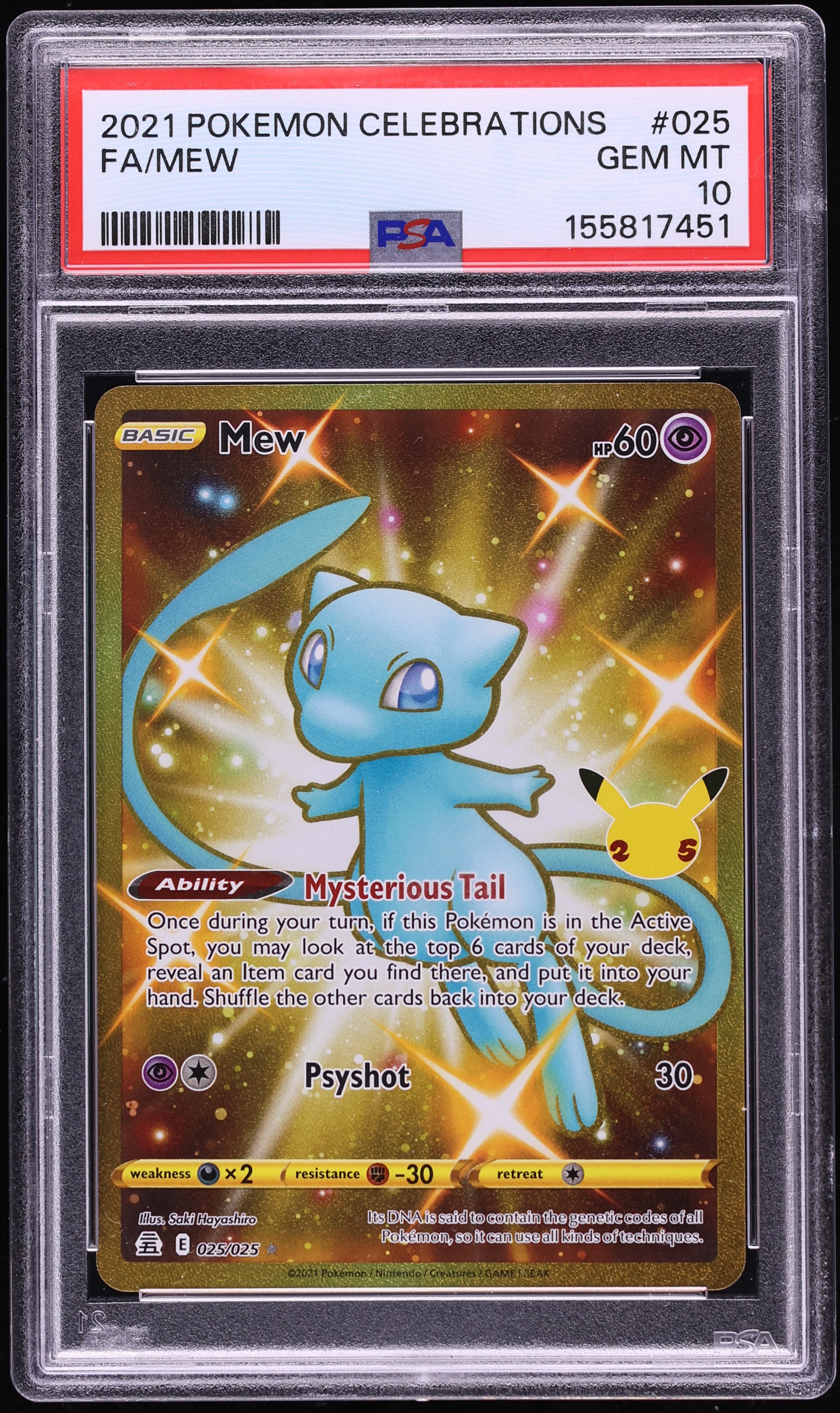 2021 Pokemon Sword & Shield Celebrations Gold Rare Shiny Mew #25 PSA 10 GEM MINT