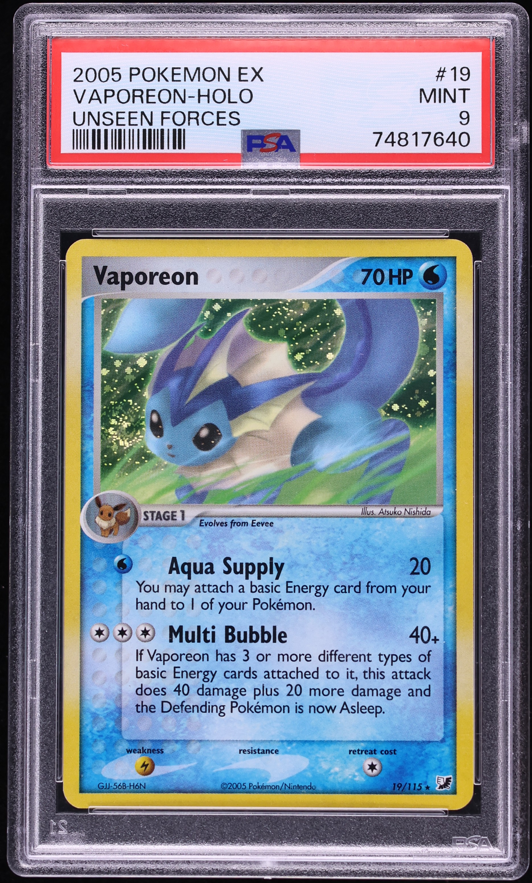 2005 Pokemon EX Unseen Forces Holo Vaporeon #19 PSA 9 MINT