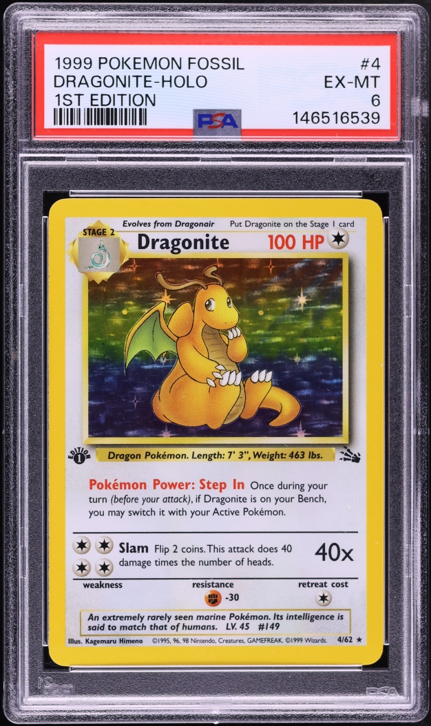 1999 Pokemon Fossil 1st Edition Holo Dragonite #4 PSA 6 EXMT
