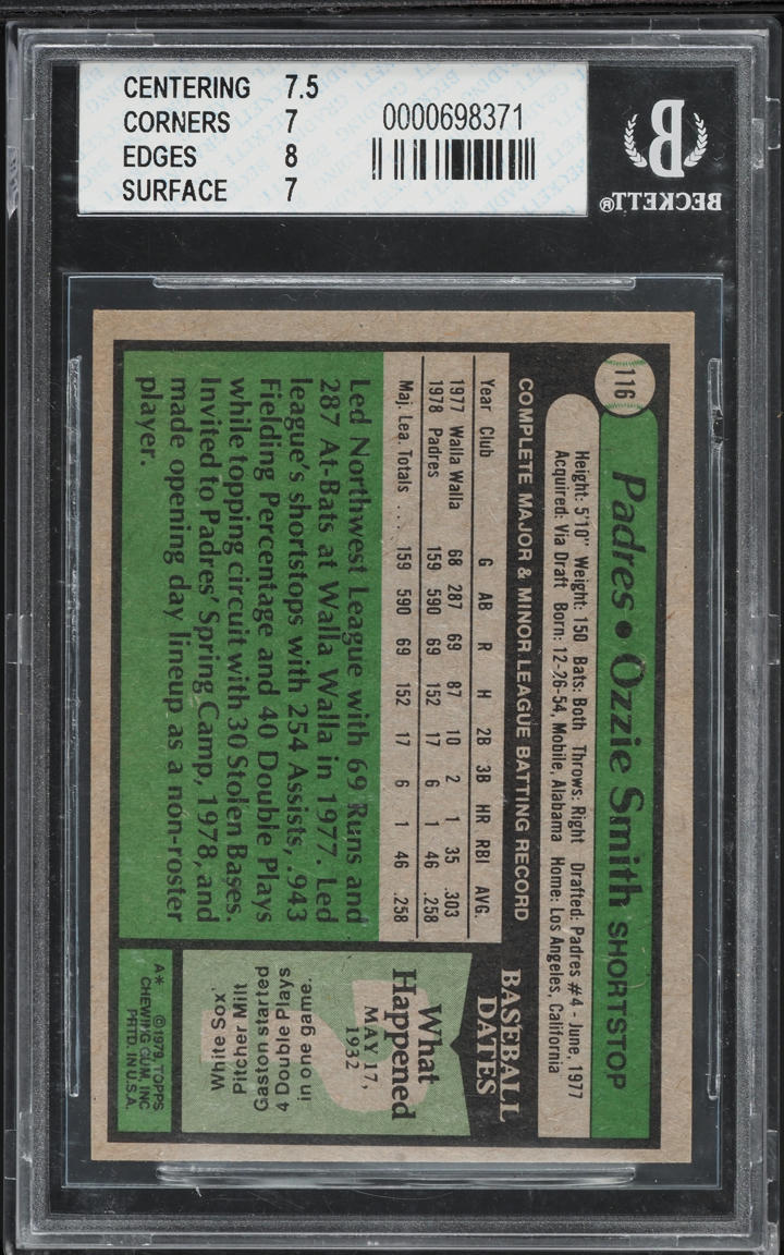 1979 Topps Ozzie Smith ROOKIE #116 BGS 7 NRMT