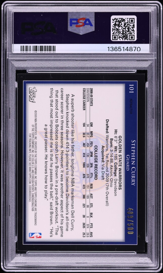 2009 Topps Chrome Refractor Stephen Curry ROOKIE /500 #101 PSA 9 MINT
