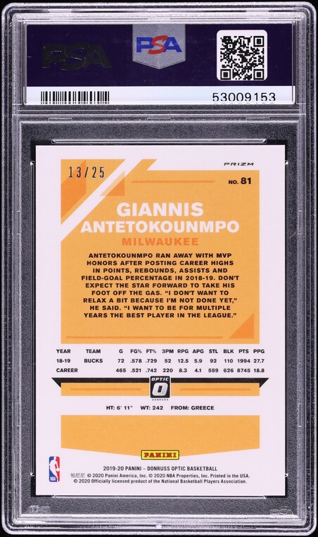 2019 Donruss Optic Pink Giannis Antetokounmpo /25 #81 PSA 10 GEM MINT