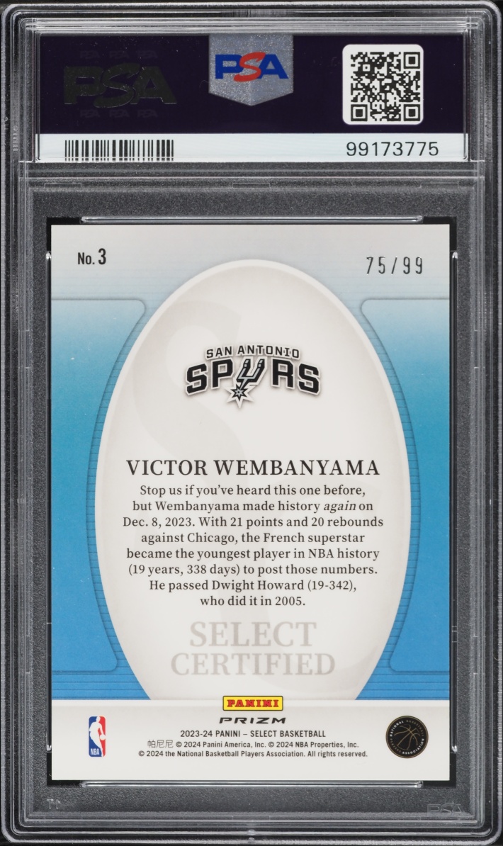 2023 Select Certified Red Flash Victor Wembanyama ROOKIE /99 #3 PSA 10 GEM MINT