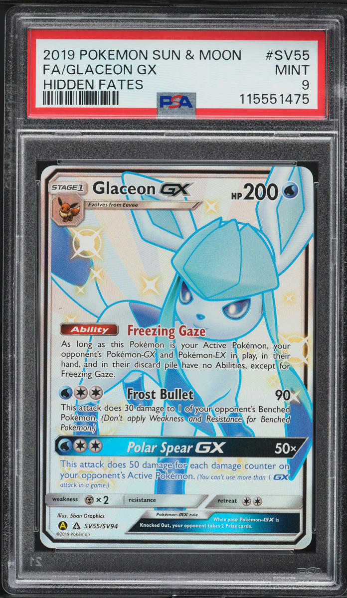 2019 Pokemon Sun & Moon Hidden Fates Full Art Shiny Glaceon GX #SV55 PSA 9 MINT