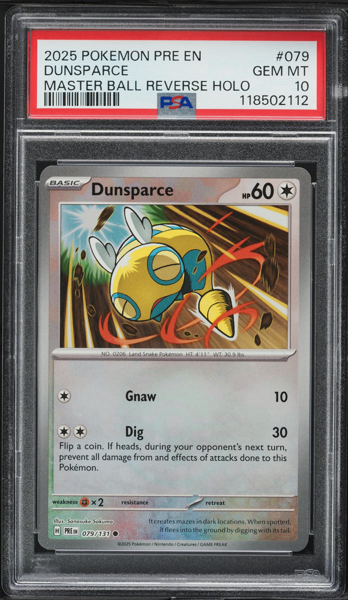 2025 Pokemon SV Prismatic Evolutions Master Ball Reverse Holo Dunsparce PSA 10
