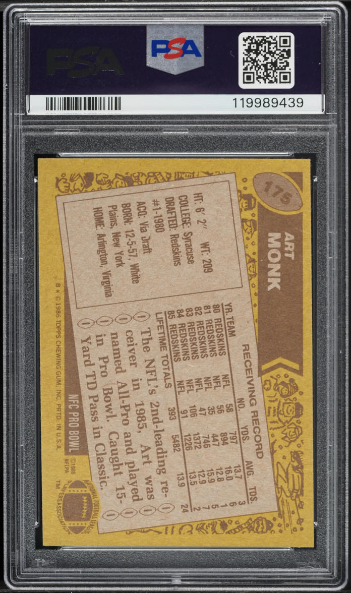 1986 Topps Football Art Monk #175 PSA 5 EX