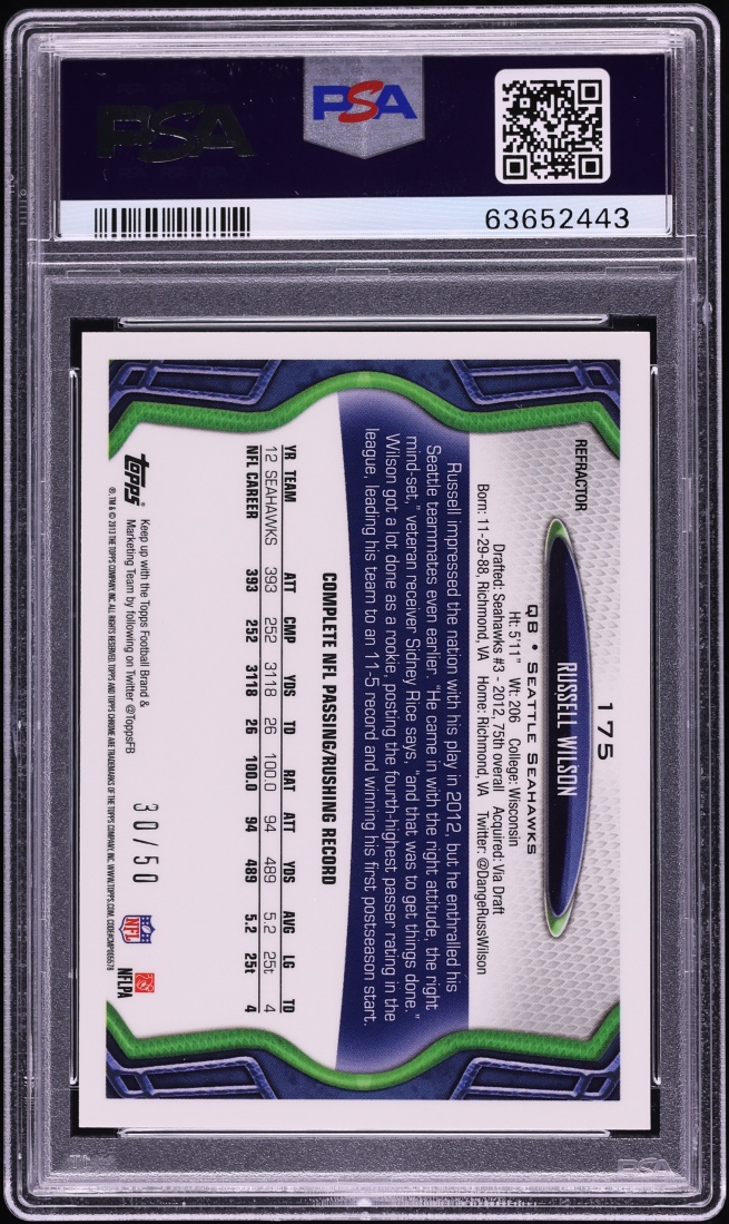 2013 Topps Chrome Gold Refractor Russell Wilson /50 #175 PSA 9 MINT - Photo 2