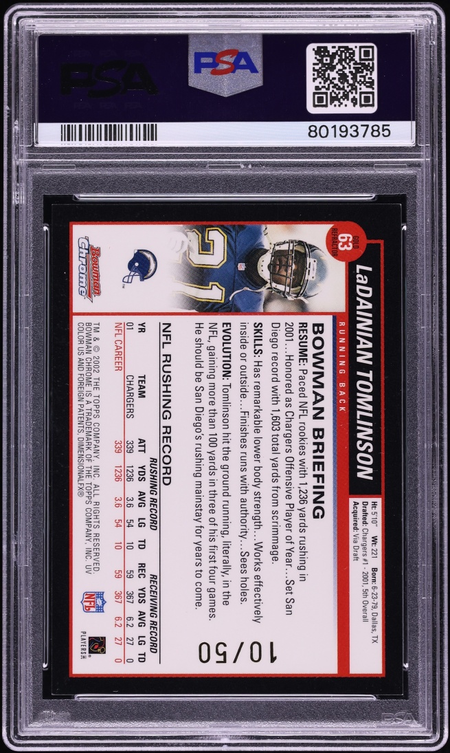 2002 Bowman Chrome Gold Refractor LaDainian Tomlinson /50 #63 PSA 8 NM-MT - Photo 2
