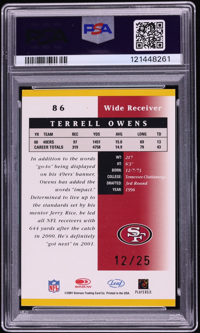 2001 Leaf Certified Materials Mirror Gold Terrell Owens /25 #86 PSA 8 NM-MT - Photo 2