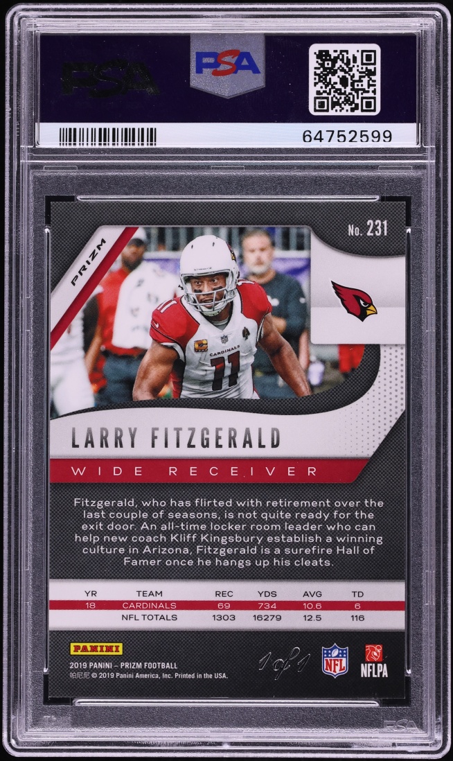 2019 Panini Prizm Black Finite Larry Fitzgerald 1/1 #231 PSA 9 MINT - Photo 2