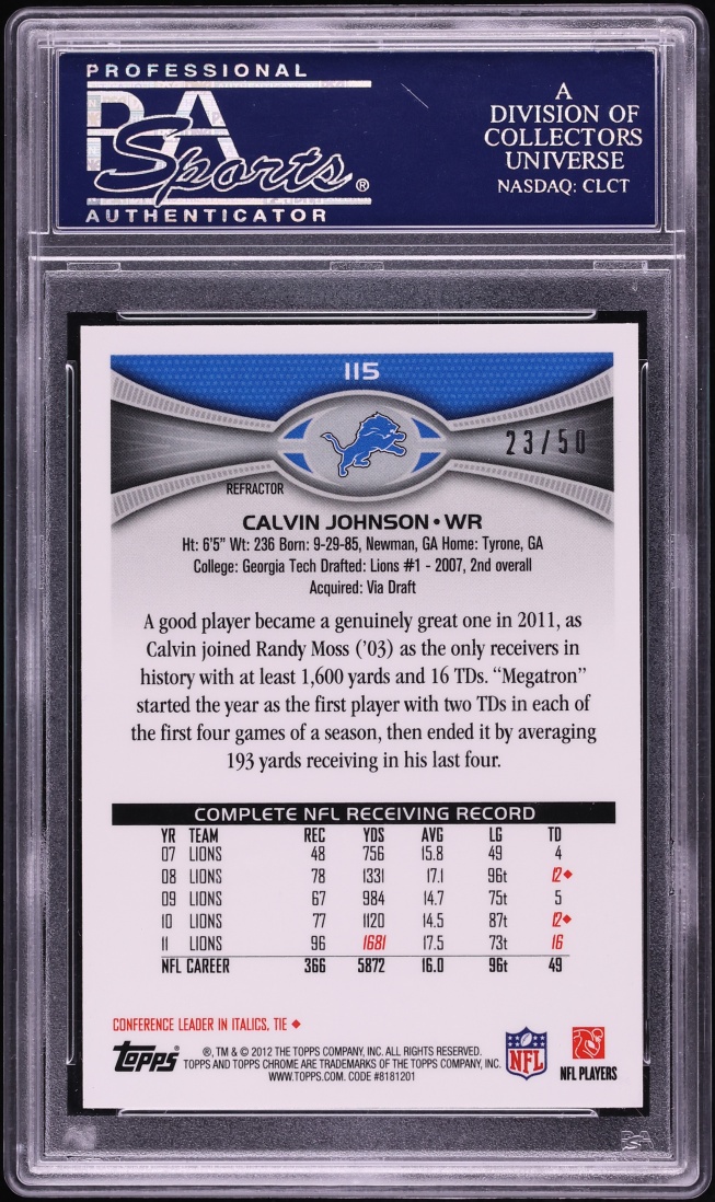 2012 Topps Chrome Gold Refractor Calvin Johnson /50 #115 PSA 9 MINT - Photo 2