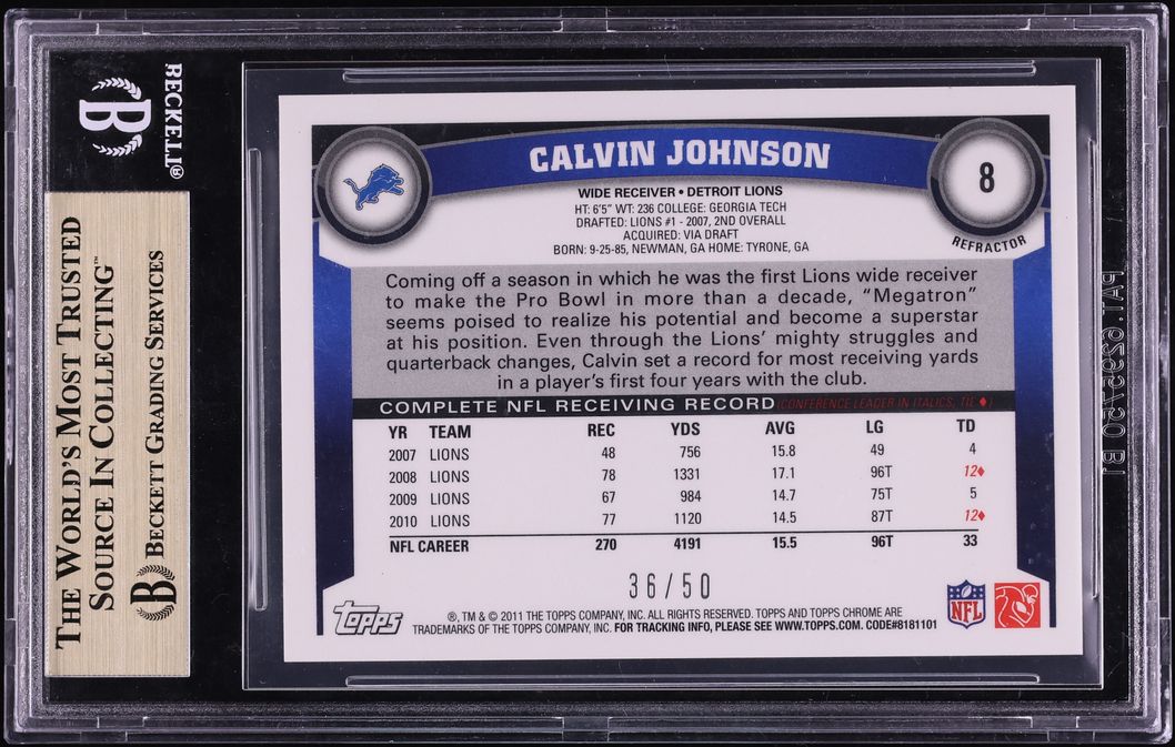 2011 Topps Chrome Gold Refractor Calvin Johnson /50 #8 BGS 9.5 GEM MINT - Photo 2