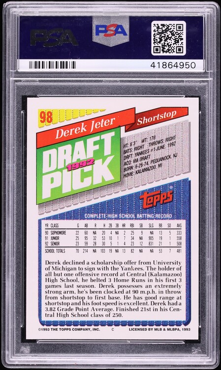 1993 Topps Gold Derek Jeter ROOKIE #98 PSA 9 MINT - Photo 2